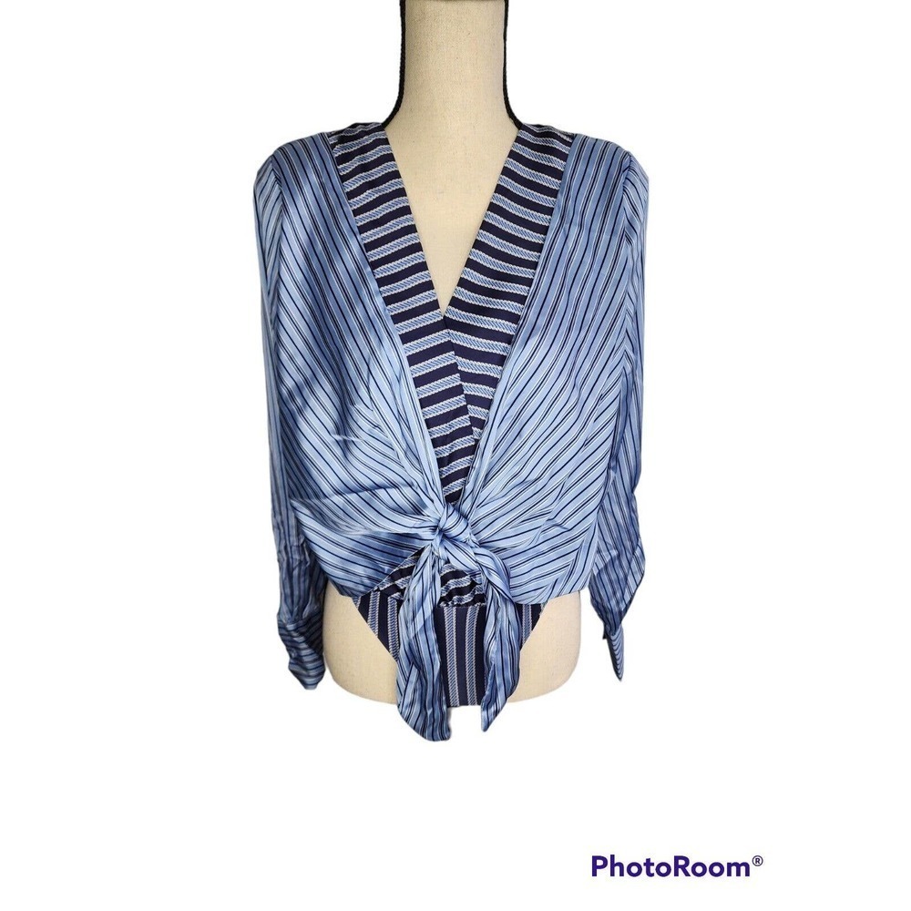 ZARA Blue Stripe Satin Front Knot V-neck Silky Top Bodysuit With Shoulder Pads S